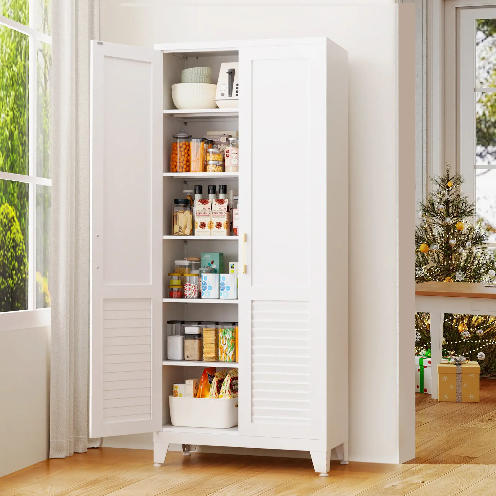 Metal Storage Cabinet with 2 Doors, Adjustable Shelves & Metal Handles, 4 Sizes (47in/61in/71in/75in) – Multifunctional Home Organizer for Kitchen, Bathroom, Utility Room