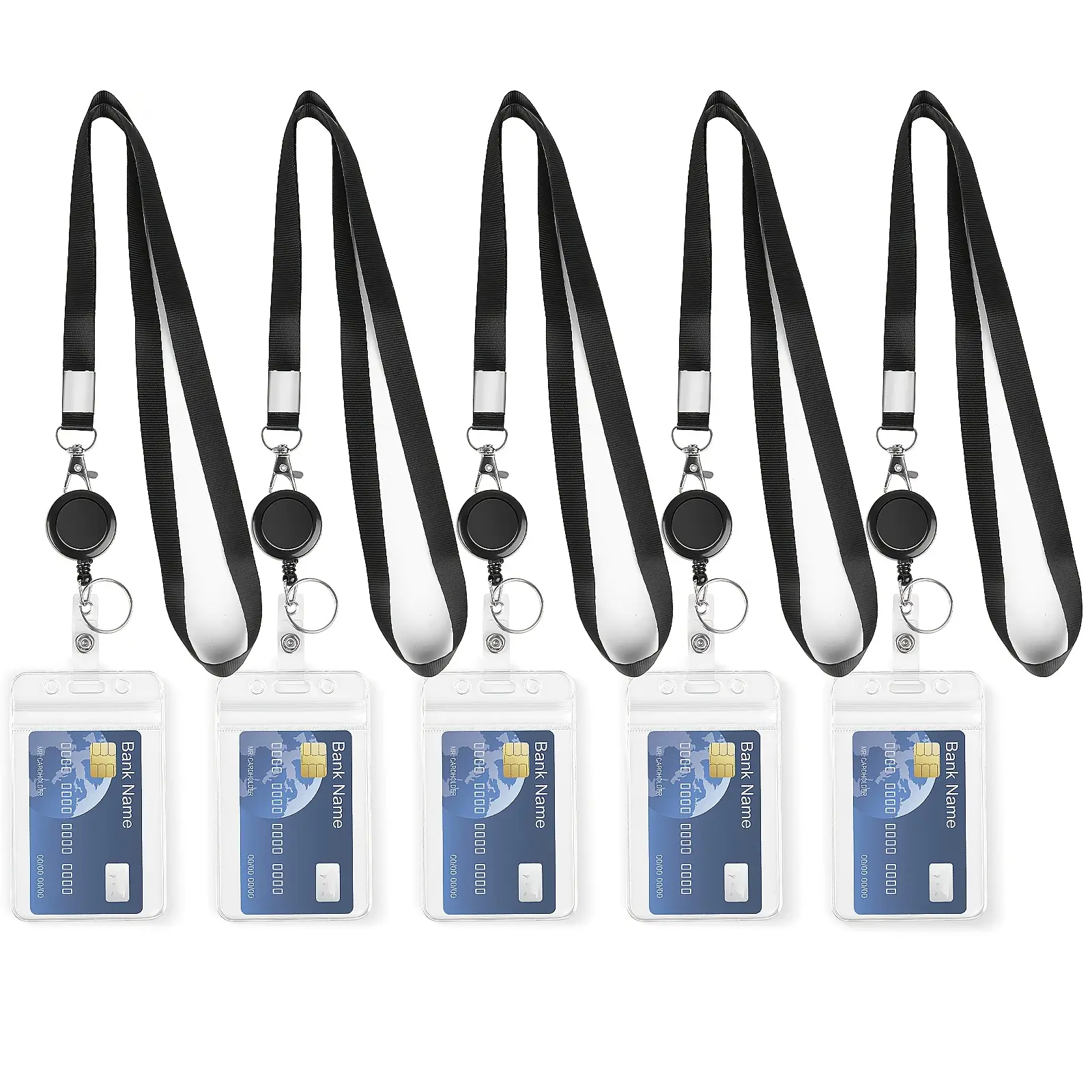 5 Pack Retractable Lanyards for ID Badges, Thick Clear Plastic ID Badge Holder, Lanyard Black Retractable Badge Reel with Badge Reel Clip, ID Card Holder, Badge Reels Retractable