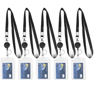 5 Pack Retractable Lanyards for ID Badges, Thick Clear Plastic ID Badge Holder, Lanyard Black Retractable Badge Reel with Badge Reel Clip