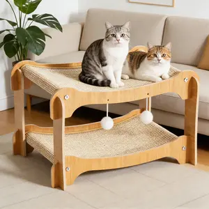 Two-Level Sisal Cat Scratcher Bed - Sturdy Cat Scratching Post with Scratch Pad&Hammock Bed, Comfortable Cats Bed for Indoor Kittens&Adult Cats -Sturdy Wooden Frame,Protect Furniture