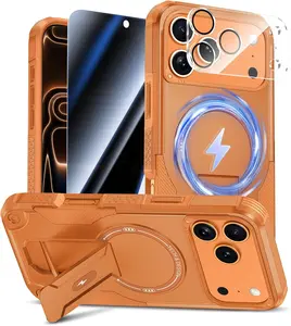 iPhone 17 Pro Max Case with Privacy Tempered Glass Screen Protector & Camera Lens Protector, Compatible with MagSafe, Invisible Kickstand, Shockproof Phone Cover, Orange