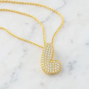 14K Gold Plated Bubble Letter Necklace – Balloon Initial Pendant with Pave CZ, Dainty Box Chain, Sparkly Personalized Jewelry, Best Birthday Gift for Her