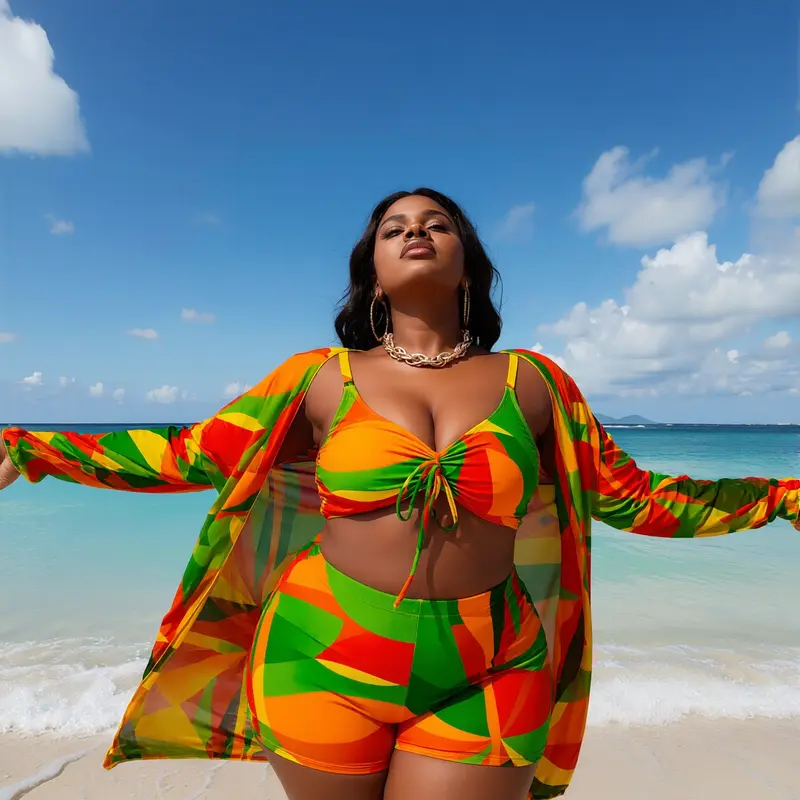 Women's Plus Size 3-Piece Tankini Swimsuit Set - Multicolor Ruched Swim Top, High Waisted Tummy Control Shorts, Sun-Shield Long Sleeve Rash Guard Cover Up, Adjustable Elastic Waistband, Stretchy Tie, Spandex, Machine Washable, for Pool Parties