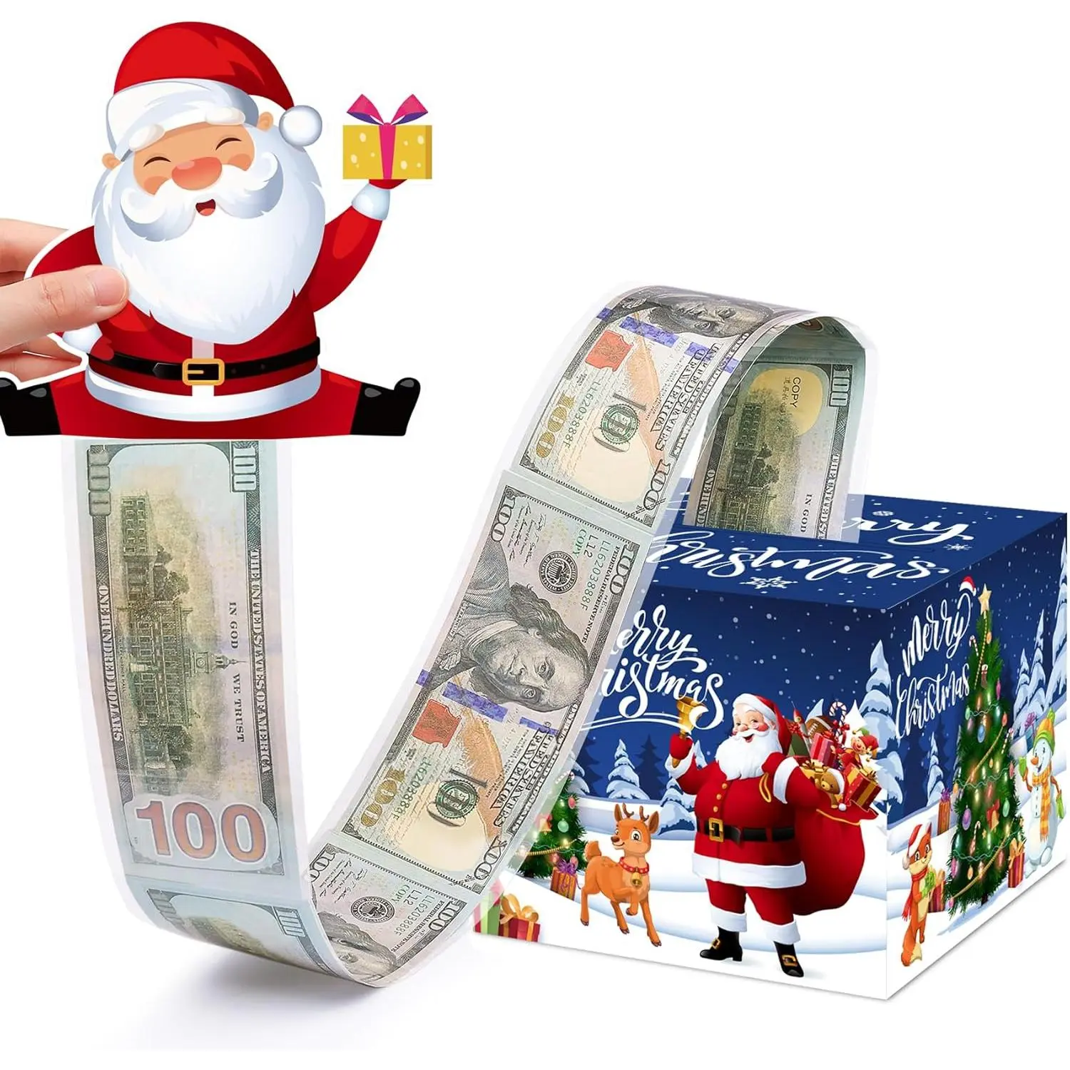Christmas Money Box Cash Gift Pull Set - Plastic, Customizable Surprise Money Holder with 100Pcs 4.3" x 5.3" x 5.3" Transparent Collectible Bags for Kids - Festive Party Cash Gifting Supplies