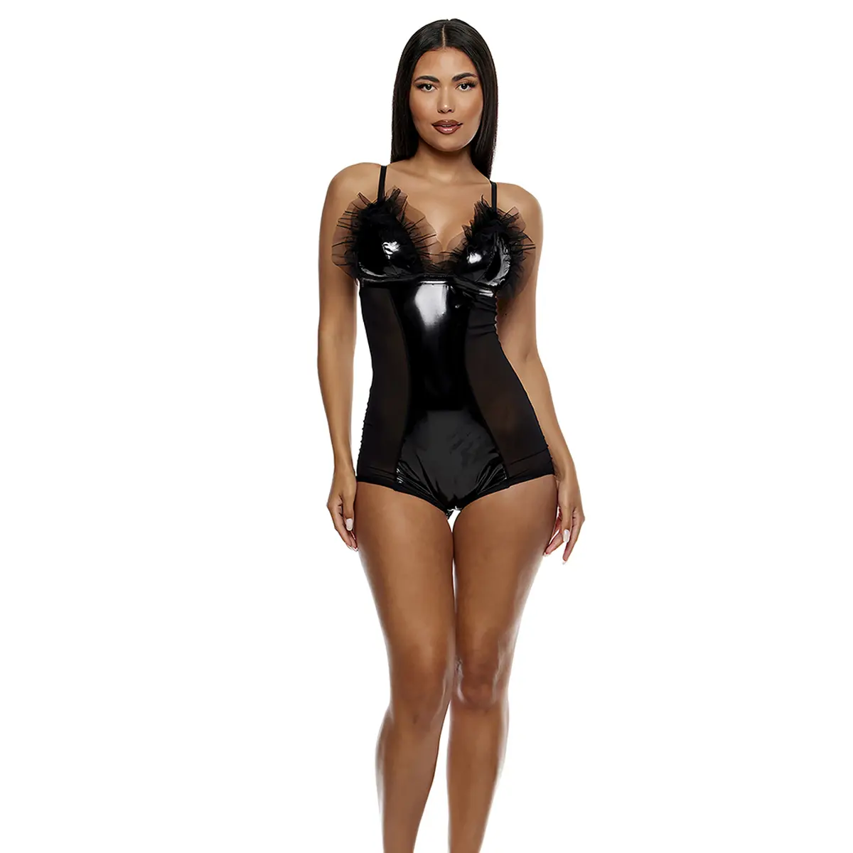 Forplay Show and Tulle Vinyl and Mesh Tulle Trim Romper - Black