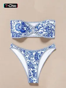 Women's Floral Print Ring-Linked Bikinis Set, Boho Ruched Bandeau Swim Top & High Cut Swim Thong, Chic Ladies Bathing Suit, Bikini Swimsuit Set