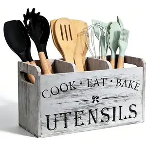 Utensil Holder,Wooden Utensil Holder for Kitchen Counter, Cooking Utensil Organizer with 3 Compartments,Utensil Crock for Silverware Spoon Spatula