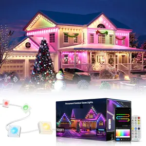 GLITGATE Permanent Eaves Light,  Outdoor Lighting With RGBIC, Permanent Outdoor Lights, Holiday Decorations for Party, Music Rhythm , Remote Control & Bluetooth APP Link, IP67 Waterproof, 50/100 Feet Long, for Festival and Daily  Decor