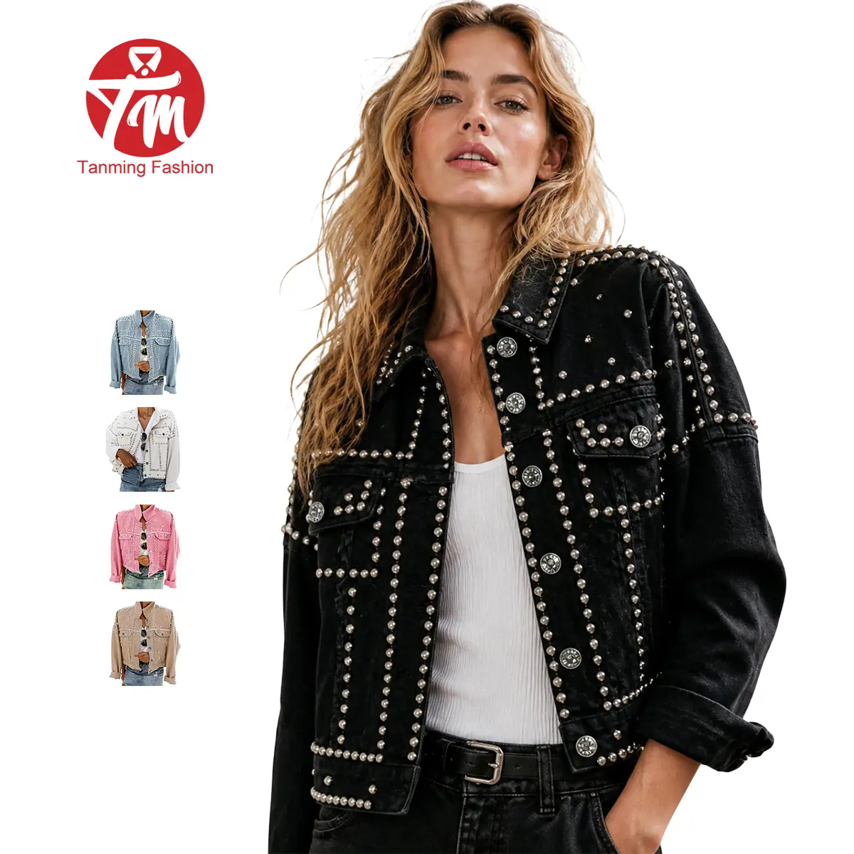 Tanming Women's Western Denim Jacket, Rhinestone & Pearl Studded Distressed Long Sleeve Button Down Coat with Pockets, Coats, Outerwear, Lady, Western Elegance, Pearl Stud Glam