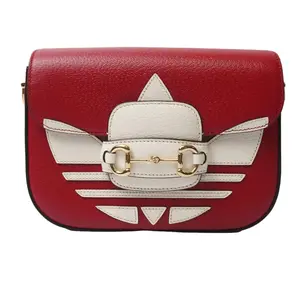 Pre-owned GUCCI leather Crossbody Bags X ADIDAS Textured Dollar Calfskin Web Trefoil Mini Horsebit 1955 Shoulder Bag Hibiscus Red Off White