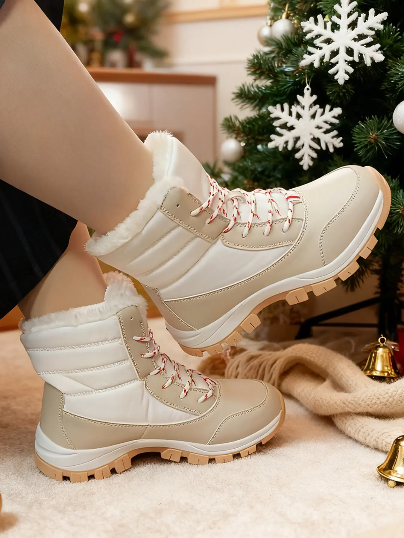Women's Fashion Mid-Calf Snow Boots, Laced Thick Sole Anti-Slip Durable Outdoor Hiking Shoes, Windproof Waterproof Warm Sports Shoes, Outdoor Walking Shoes, Trekking Camping Shoes