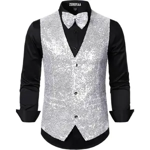 ZEROYAA Men's Sequin Vest Slim Fit 70s Shiny Waistcoat Bowtie Set Disco Prom Party Tuxedo