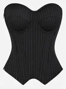Women’s Black Pinstripe Corset Top, Strapless Boned Bustier, Slim Fit Structured & Light Shaping Going Out Top