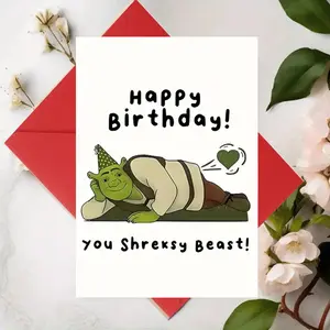 1pc Shrek Birthday Card - Cute 'Shreksy Beast' Design, Funny Meme Vibes, Perfect for Humorous Bday Gifts + FREE Envelope Included! Adorable Ogre Art, Unique & Hilarious Greeting for Friends/Family Who Love Shrek!