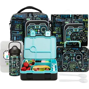 Boys Bento Box Lunch Box Set for Kids 5-12 with 6 Compartment, Stainless Steel Water Bottle, Lunch Bag, Ice Pack Set Back to School Supplies Birthday Gift