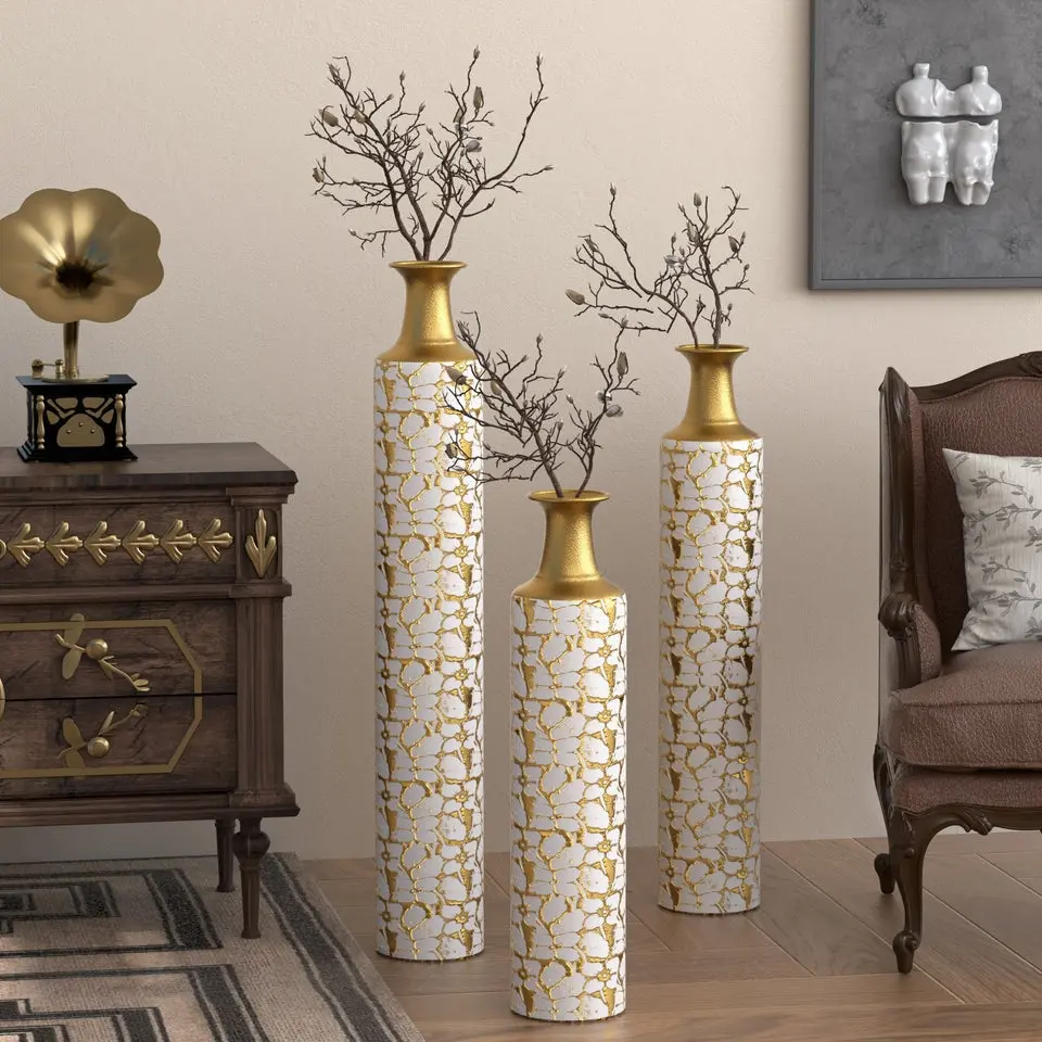 Floor Vases Gold Large Vases - 32/28/24 inch decorative high vases set of 3 for home decor Vintage Large vases representing twigs Twigs dried flowers living room antique worn vases