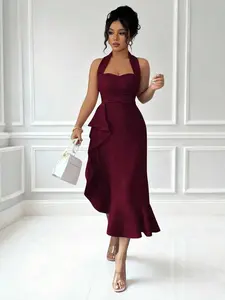 Halloween Sleeveless Halter Waist Ruffle Hem Elegant Romantic Women Dress