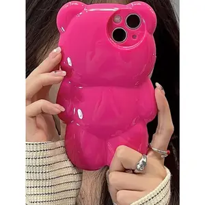 Cartoon 3D Rose Pink Bear Phone Case for iPhone 16 15 14 Plus 13 12 11 XS XS MAX XR Shockproof Protective Case Phone Protector