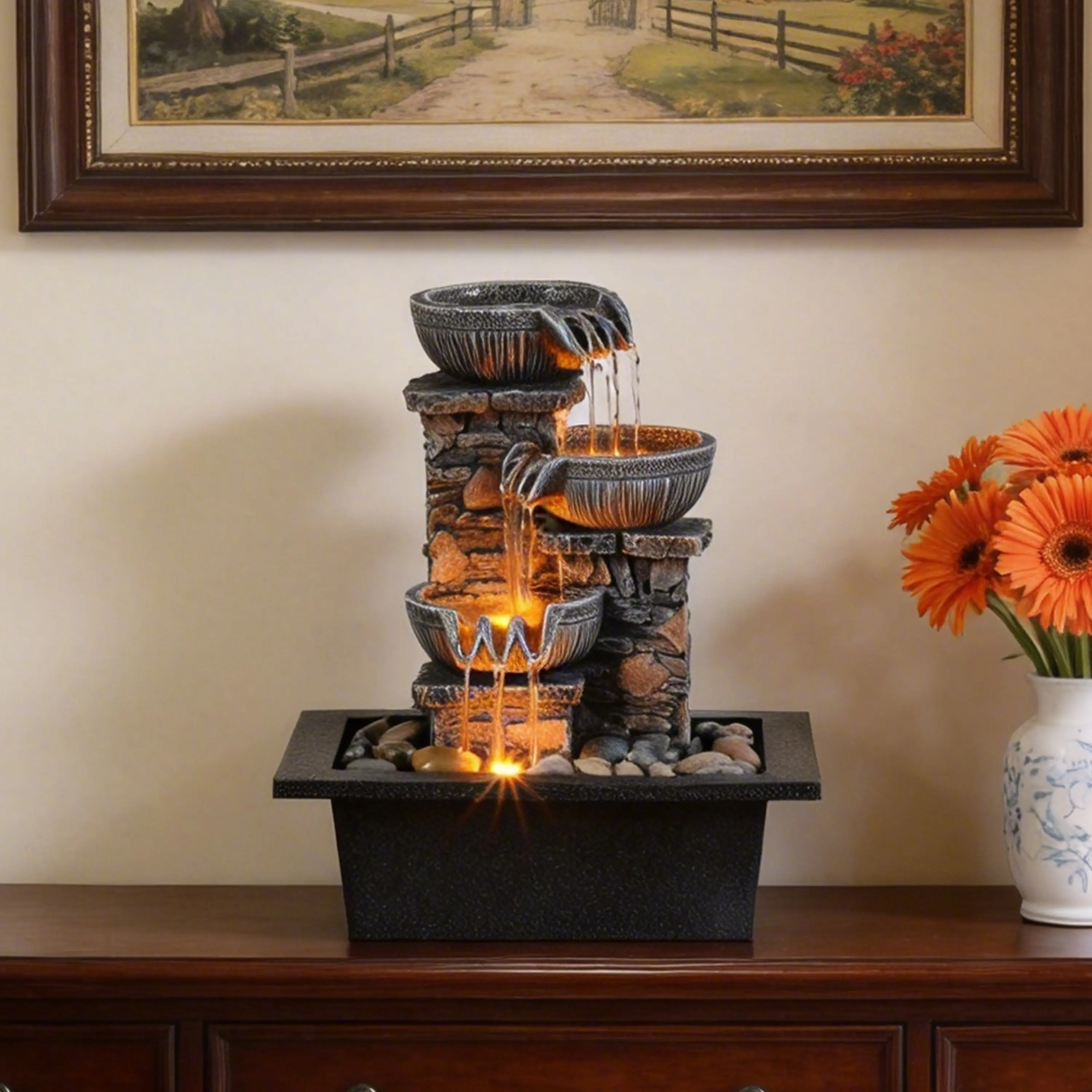 Vintage brick pot tabletop water fountain, relaxing cascading water sound with built‑in led light, resin zen decor for desk living room office, housew