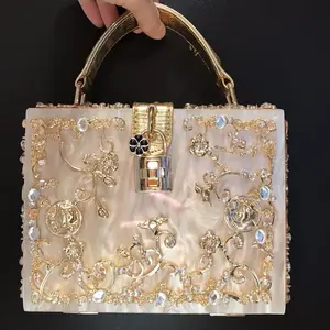 Women's Acrylic Floral Designer Shoulder Bag - Hollowed-Out Metal Carved Rhinestone Handbag, Crystal Boxy Tote Evening Clutch Mini Size
