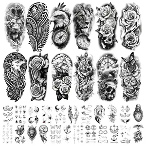 92 Sheets Black Lion Wolf Tiger Temporary Tattoo for Adult, 17 Sheets Half Arm Flower Christian Cross Fake Tattoo, 75 Tiny Skull Snake Body Tattoos Stickers Realistic Party Decoration