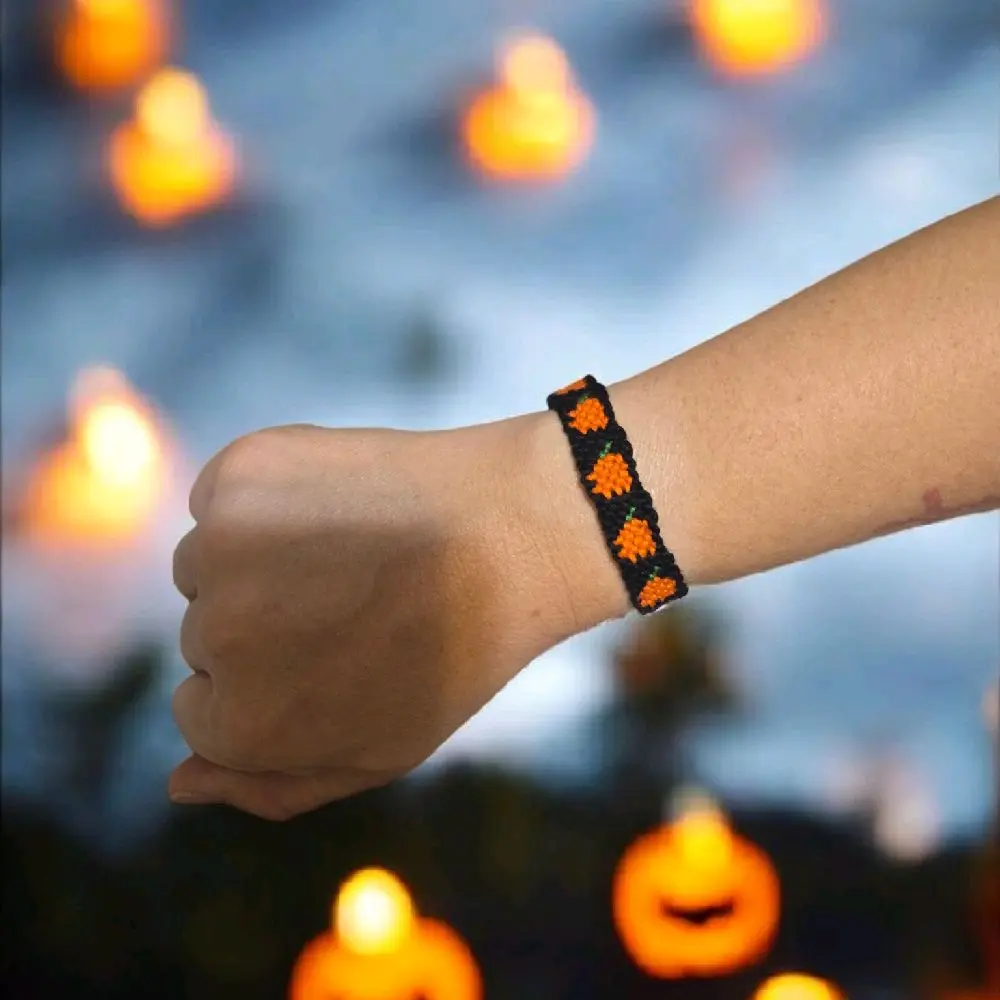 Small Pumpkin Macrame Hand-Made Bracelet with Black Background Halloween Accessory