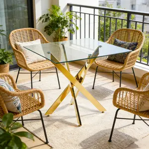 Dining Table with Cross Metal Leg and Tempered Glass,Modern Space Saving Kitchen Table for Living Room,chrome Legs,Square Table,,90x90x75cm