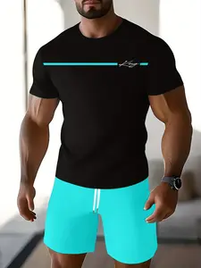 Men's Summer Sports Set, Short Sleeve T-Shirt with Bright Quick-Dry Shorts, Casual Fitness Two-Piece, Athleisure Wear Set, Sport Casual Outfit