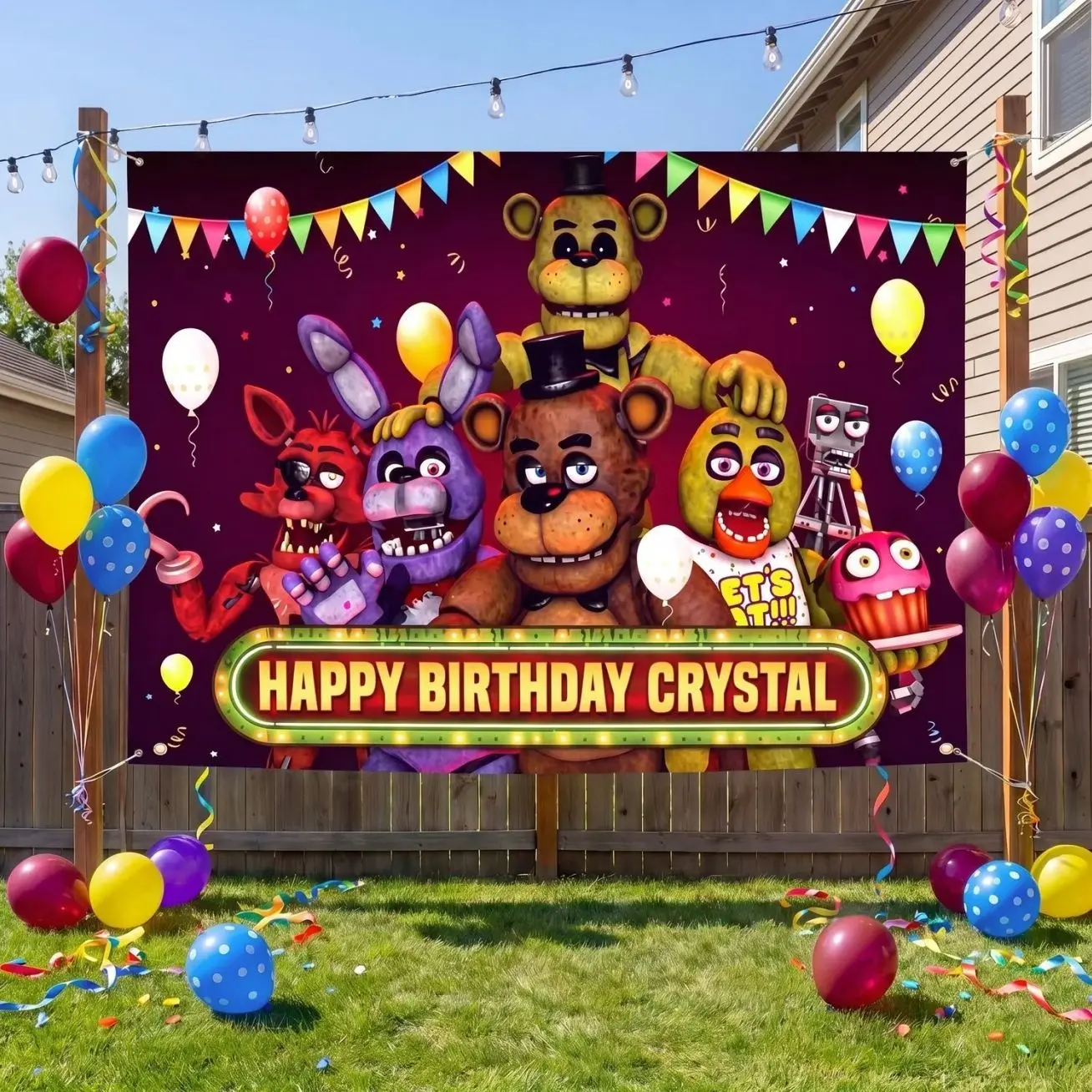 Personalized Horror Video Game Birthday Backdrop Tapestry, Creepy Animatronic Bear Party Banner, Scary Gamer Theme Custom Name Decor