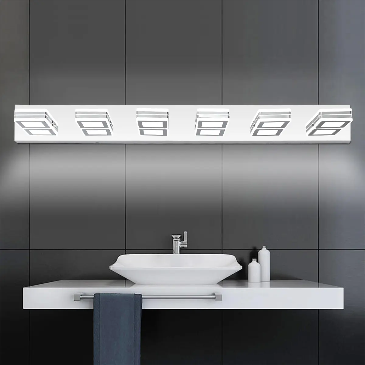 39" Modern Chrome 6-Light LED Vanity Light, Square Acrylic Lampshades Wall Mount Fixture for Bathroom, Mior Lighting