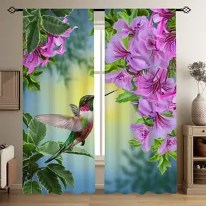Spring Hummingbird Print Curtains Set, Fashionable Rod Pocket Window Drapes for Bedroom & Living Room, Comfortable Atmosphere, Easy Installation, Home Decoration Curtain