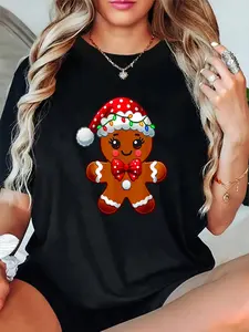 Unisex Christmas Holiday Cute Gingerbread Man Baking Lover Women’s T-Shirt, Autumn Women’s T-Shirt with Merry Christmas Lettering and Snowflake Design