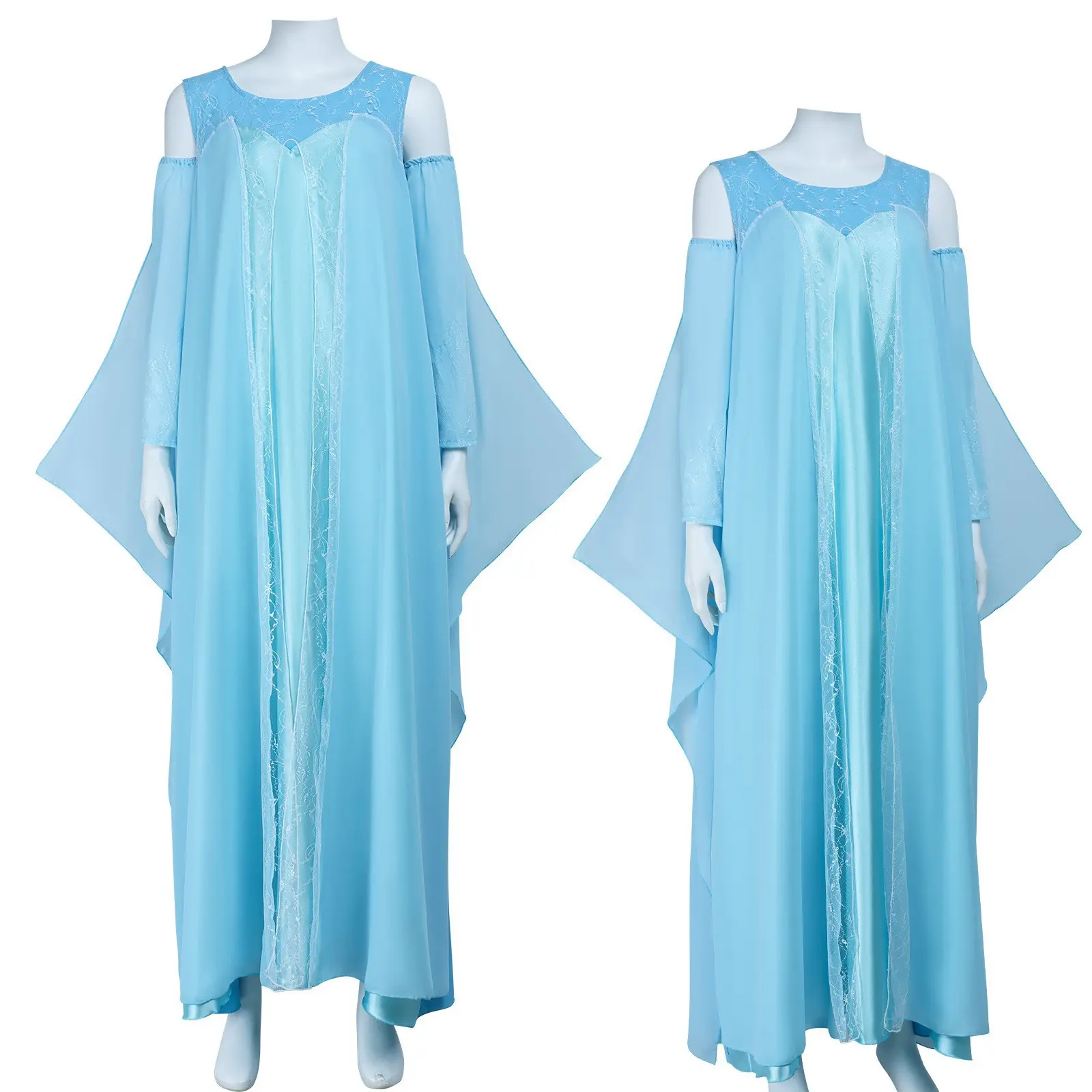 Blue Padmé Long Gown, Women's Solid Polyester Halloween Cosplay Costume with Layered Tiers, Fringes, and Scoop Neck, Movie, Women's Clothes, All Seasons, Cold Wash