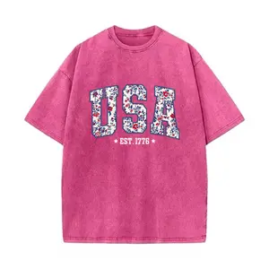 USA tShirt, 4th of July T-shirt, floral USA tee, summer patriotic shirt for women, America est 1776 shirt Retro Washed Cotton