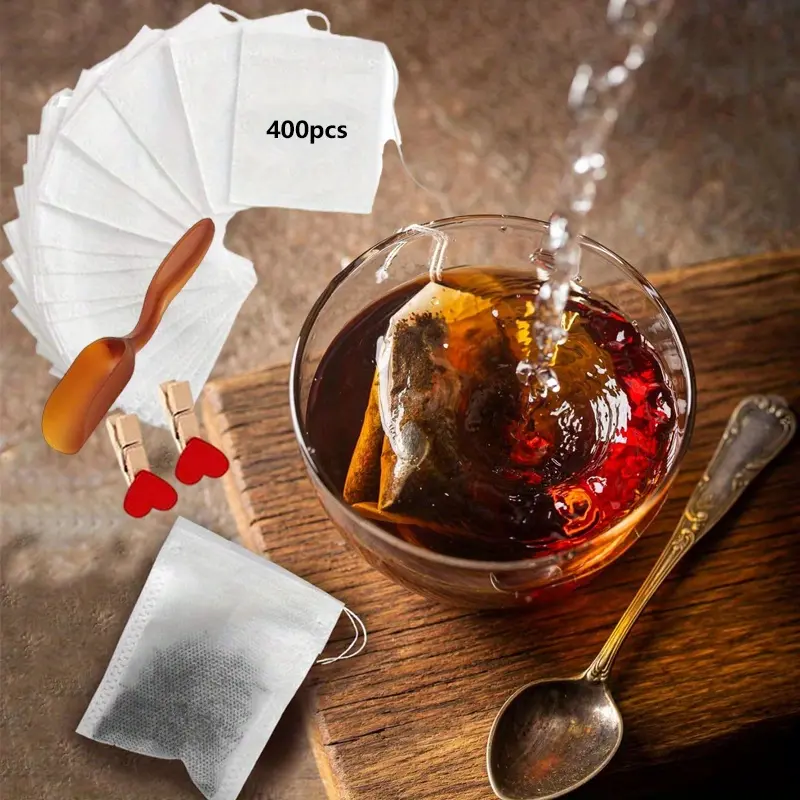 400 Pack Disposable Tea Bag Filter Bag with Tea Spoon, Empty Drawstring Seal Filter Loose Leaf Tea Bags, for Home Restaurant Hotel Office  (3.54 X 2.75 Inch)