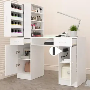 White Professional Manicure Table With Built-In Power Outlet, Tempered Glass Countertop And Hand Cushion Pillow, Portable Nail Desk With Lockable Rolling Wheels, Nail Tech Salon Station For Beauty Salon And Home Spa