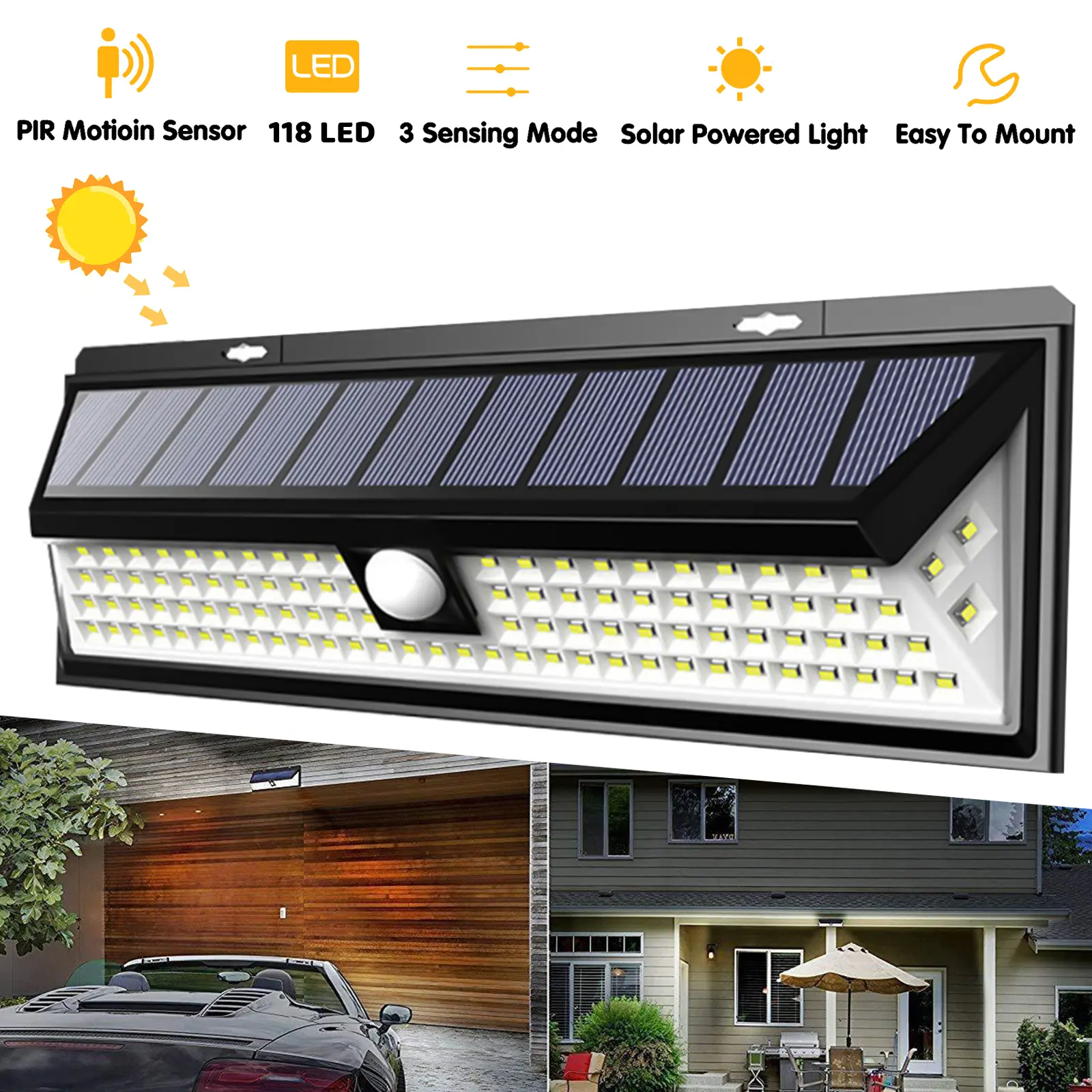 118 LED Solar Wall Light with Remote Control, 3 Adjustable Lighting Modes Outdoor Security Lamp