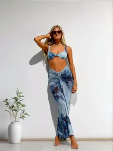 Women's Fashion 3-piece Swimsuit Set,Underwire Bikini Set with Maxi Cover Up Skirt Tummy Control High Support Swimwear for Women Trendy Watercolor Print Multi-Wear Resort Wear Quick Dry No See-Through Beach Outfit for Spring Break Cruise Vacation tiktoksh