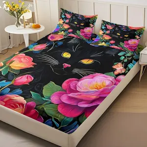 3-Piece Comfortable Cat and Floral Pattern Bed Sheet Set, Soft HD Digital Print Bedding Ensemble with 1 Bed Sheet and 2 Pillowcases, Floral Bedsheets, Perfect for Home Bedroom and Guest Room Gifts