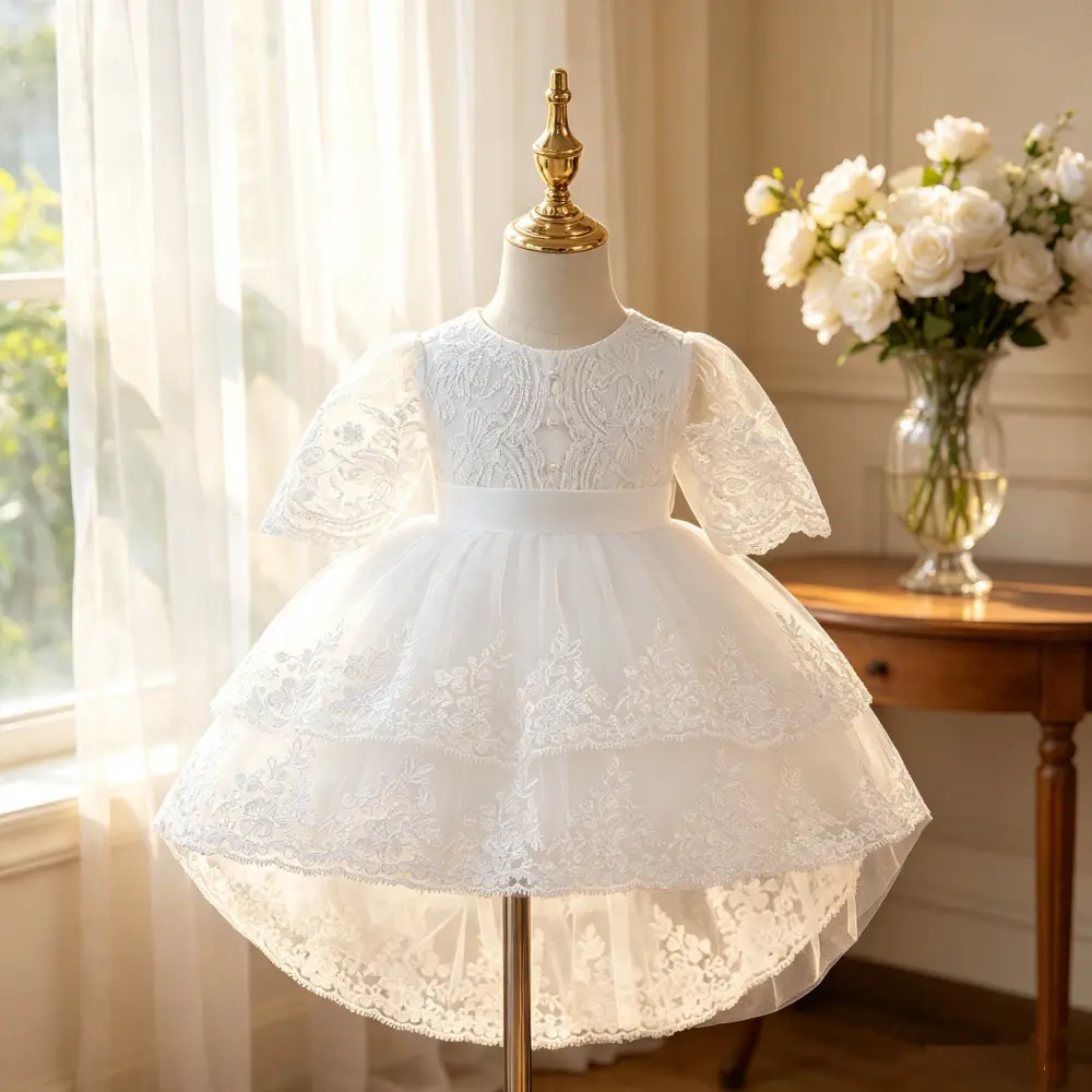 3115 Toddler Baptism Party Girls Dress Fashion Flower Birthday Prom Elegant Banquet Piano Performance Beading Bow Lace Mesh Trailing Skirt Ball Gown Dress