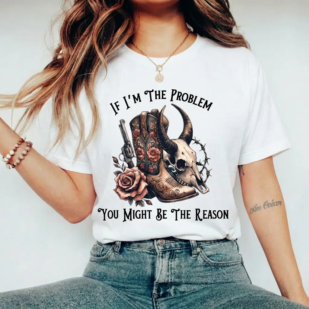If Im The Problem You Might Be The Reason T-Shirt Edgy Western Bull Skull Rose Graphic Tee Yallternative Country Concert Festival Outfit Sassy Women Top
