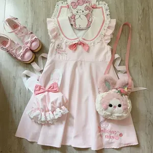 Spring Japanese Lolita Women's Dress Chic Little Rabbit Fluffy Sleeve Lace Pink Navy Collar Short Dress Kawaii Korean Dress