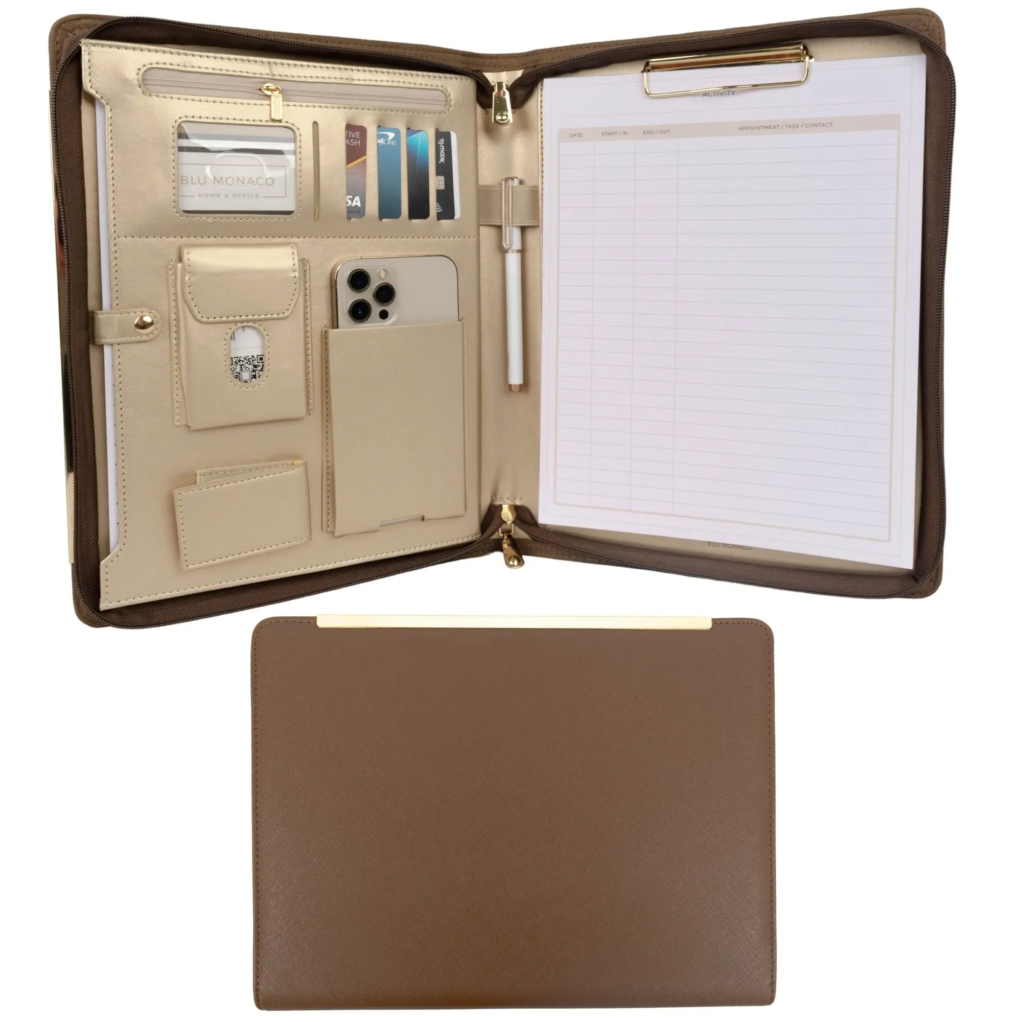 BLU Monaco Women's Vegan Leather Portfolio Binder - Premium Organizer, Corporate Work Desk Accessory, Office Stationery with Gold Trim, Zippered Business Card Holder Document Case (10.5"x1.5"x12.6", Black/Brown/Peach Beige), Corporate Work Desk Accessorie