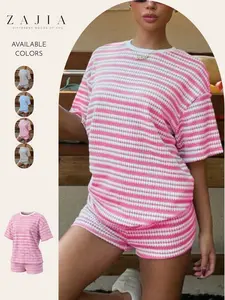 Women's Cute Matching Set, Oversized Striped Tee & Shorts, Comfortable Lounge, Perfect for Summer, Stylish 2-Piece Set