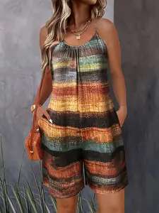 Printed Casual Vacation Sleeveless Loose Wide Leg Women's Romper, Summer, Comfortable and Stylish, Perfect for Relaxing and Leisure
