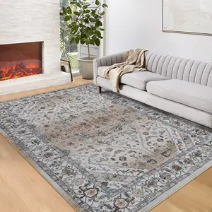 GARVEE Large Living Room Rugs 10x13 Vintage Printed Floor Carpet, Oriental Distressed Accent Carpet with Non-Slip Backing, Washable Traditional Low Pile Area Rugs for Dining Room, Bedroom, Light Brown