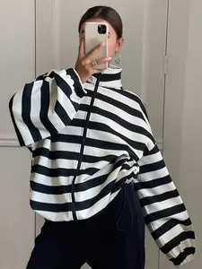 Women's Loose Striped Stand Collar Casual Long Sleeve Jacket, Perfect for Travel & Daily Wear, Stylish Women's Outerwear