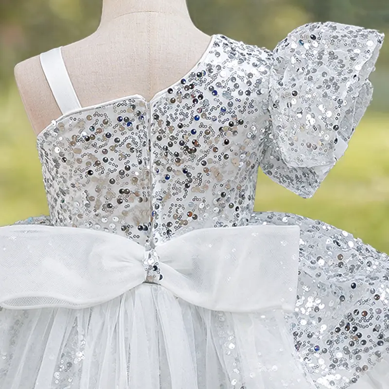 Girls Party Dress - Dazzling Silver Sequin Pageant Gown, One-Shoulder  Ruffle High-Low Tutu for Birthdays & Formal Events first communion dress -  TikTok Shop
