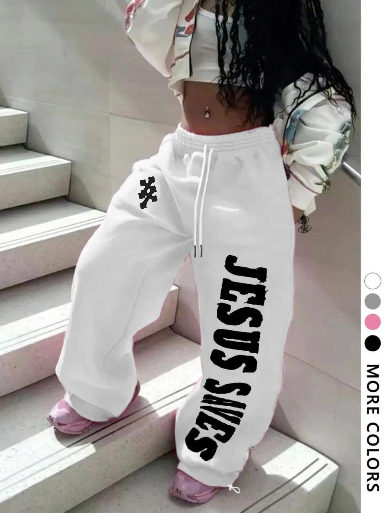 Women's New Casual Sweatpants, Trendy Cross Letter Pattern, Drawstring Waist Wide Leg Pants, Suitable for Camping Running Vacation