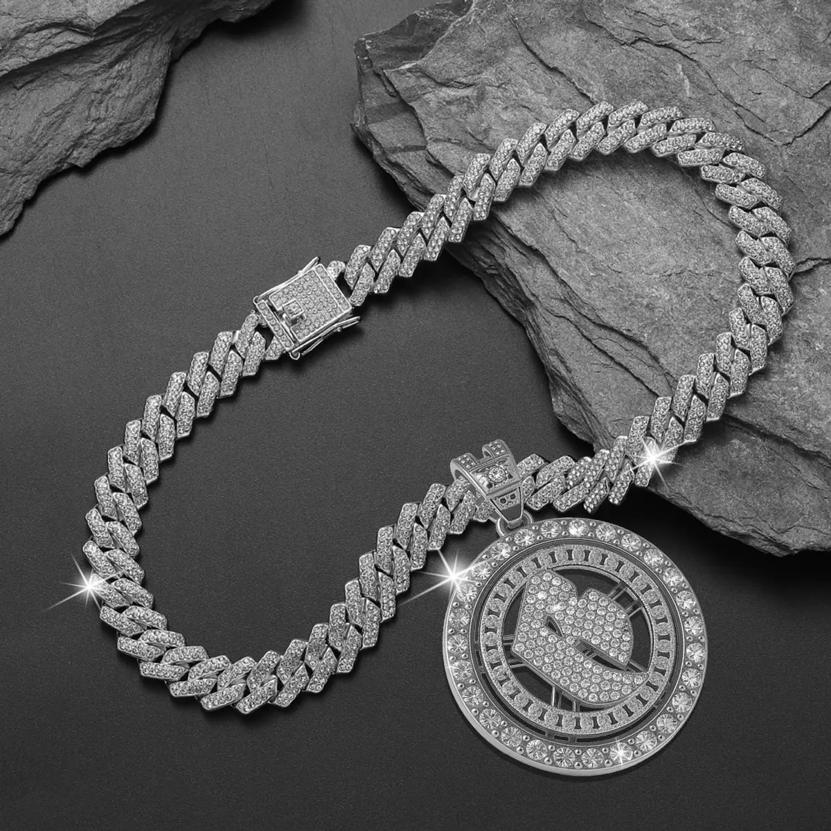 Spinning R Logo Iced Out Cuban Necklace  Full Bling Rhinestone Hip Hop Chain  Silver Tone Luxury Streetwear Jewelry